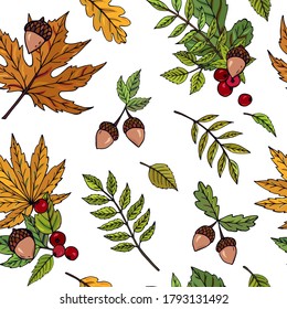 Autumn seamless vector pattern with acorns, berries  and leaves on a dark background. Falling colorful leaves. Perfect for seasonal and Thanksgiving Day, greeting cards, textile, wrapping.