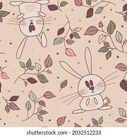 Autumn seamless vector pattern with adorable rabbits and colorful fall leaves and berries. Creative forest texture in pink colors for fabric, wrapping, textile, wallpaper, apparel and home decor. 
