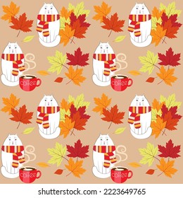 Autumn seamless vector pattern. A cat in a scarf, hot coffee, colorful leaves.