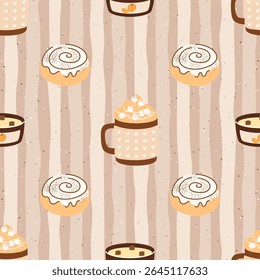 Autumn seamless vector pattern with cocoa, coffee, tea, cinnabons, and candles in warm autumn tones. Ideal for seasonal textiles, wrapping paper, and cozy design projects.
