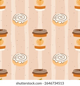 Autumn seamless vector pattern with cocoa, coffee, pumpkin latte, tea, cinnabons, in warm autumn tones. Ideal for seasonal textiles, wrapping paper, and cozy design projects.