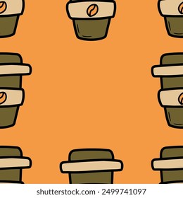 Autumn seamless vector pattern with coffee cup. Simple doodle style