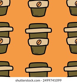 Autumn seamless vector pattern with coffee cup. Simple doodle style