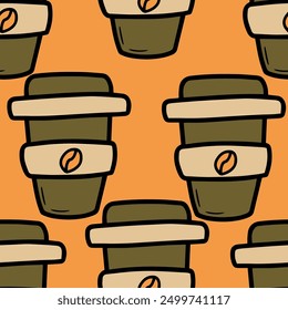 Autumn seamless vector pattern with coffee cup. Simple doodle style