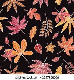Autumn seamless vector pattern of colorful leaves.  Falling colorful leaves. It can be used for websites, packing of gifts, fabrics, wallpapers. Autumn background. White outline.