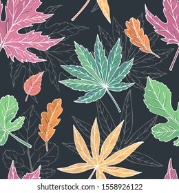 Autumn seamless vector pattern of colorful and linear leaves.  Falling colorful leaves. It can be used for websites, packing of gifts, fabrics, wallpapers. Autumn background. White outline.