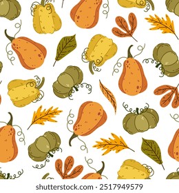 Autumn seamless vector pattern. Colorful ripe pumpkins, fallen leaves. Farm harvest, garden vegetables. Oak, maple leaf. Rustic seasonal ornament for Thanksgiving, Halloween. Flat cartoon background