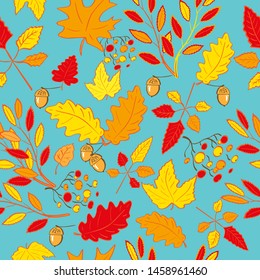 Autumn seamless vector pattern for design textiles and wallpaper. Beautiful leaves in autumn colors on a gentle blue background. Hand-drawn illustration