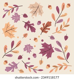 Autumn seamless vector pattern for fabric, wallpaper, gift paper. Brown, purple, and beige colors. Acorn and leaves. Beige background.