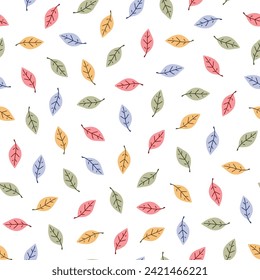 Autumn seamless vector pattern with floral motif. Cute hand drawn colorful leaves. Scandi woodland background for apparel, fabric, wallpaper, textile, packaging, card, gift, wrapping paper.