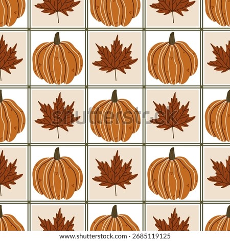 Autumn seamless vector pattern. Fresh pumpkin, red maple leaves, fall checkered ornament. Cozy background for Thanksgiving, harvest festival, seasonal vegetable fair. Hand drawn art for fabric, web