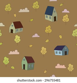 Autumn seamless vector pattern with houses, trees, leaves and clouds. 