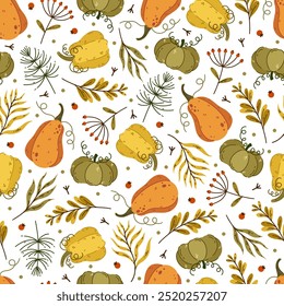 Autumn seamless vector pattern. Juicy pumpkins, colorful fallen leaves, wild herbs, ripe meadow berries. Farm harvest, garden vegetables. Rustic cartoon background for Thanksgiving, seasonal party