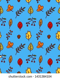 Autumn seamless vector pattern. Seamless pattern with leaves, branches, acorns and berries on blue background.
