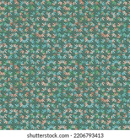 Autumn seamless vector pattern with little green, blue and orange daisy petals on green background. Minimal concept great for vintage fabric, home decor and wallpaper. Surface pattern design. 