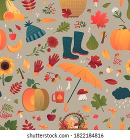 Autumn Seamless Vector Pattern. Mushrooms, acorns, boots and umbrella. Sunflower, pumpkins and leaves.