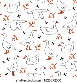 Autumn seamless vector pattern with poultry on isolated white background. Drawing in cartoon style cute swimming and flying geese and swans for kids textile or printing on any surface