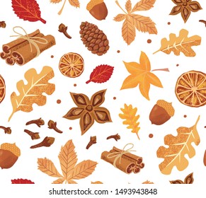 Autumn Seamless Vector Pattern with Pumpkin spice elements: cinnamon, cloves, anise and yellow and red leaves, cones and acorns on the white background. 