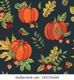 Autumn seamless vector pattern with pumpkins, acorns, berries  and leaves on a light background. Falling colorful leaves. Perfect for seasonal and Thanksgiving Day, greeting cards, textile, wrapping.
