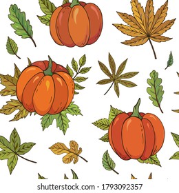 Autumn seamless vector pattern with pumpkins and leaves. Falling colorful leaves. Perfect for seasonal and Thanksgiving Day, greeting cards, textile, wrapping. 