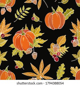 Autumn seamless vector pattern with pumpkins, acorns, berries and leaves. Falling colorful leaves. Perfect for seasonal and Thanksgiving Day, greeting cards, textile, wrapping.