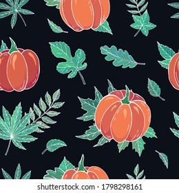 Autumn seamless vector pattern with pumpkins and leaves. Falling colorful leaves. Perfect for seasonal and Thanksgiving Day, greeting cards, textile, wrapping. 