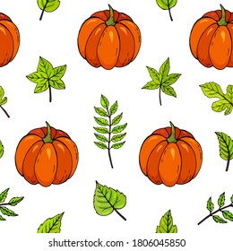 Autumn seamless vector pattern with pumpkins and leaves. Falling colorful leaves. Perfect for seasonal and Thanksgiving Day, greeting cards, textile, wrapping. 