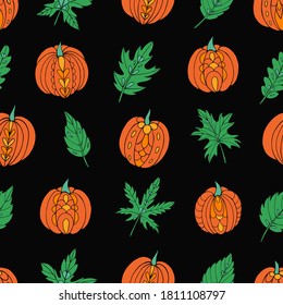 Autumn seamless vector pattern with pumpkins and leaves. Falling colorful leaves. Perfect for seasonal and Thanksgiving Day, greeting cards, textile, wrapping. 