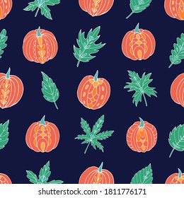 Autumn seamless vector pattern with pumpkins and leaves. Falling colorful leaves. Perfect for seasonal and Thanksgiving Day, greeting cards, textile, wrapping. 