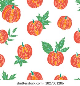 Autumn seamless vector pattern with pumpkins and leaves. Falling colorful leaves. Perfect for seasonal and Thanksgiving Day, greeting cards, textile, wrapping. 