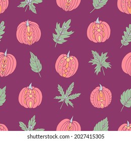 Autumn seamless vector pattern with pumpkins and leaves. Falling colorful leaves. Perfect for seasonal and Thanksgiving Day, greeting cards, textile, wrapping. 