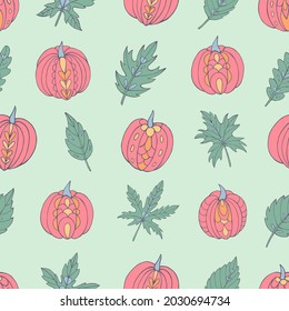 Autumn seamless vector pattern with pumpkins and leaves. Falling colorful leaves. Perfect for seasonal and Thanksgiving Day, greeting cards, textile, wrapping. 