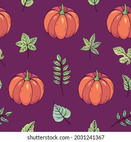 Autumn seamless vector pattern with pumpkins and leaves. Falling colorful leaves. Perfect for seasonal and Thanksgiving Day, greeting cards, textile, wrapping. 