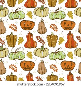 Autumn seamless vector pattern with pumpkins and fall leaves. Hand drawn illustration.