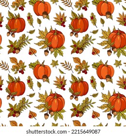 Autumn seamless vector pattern with pumpkins, acorns, berries and leaves. Falling colorful leaves. Perfect for seasonal and Thanksgiving Day, greeting cards, textile, wrapping.