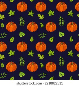 Autumn seamless vector pattern with pumpkins and leaves. Falling colorful leaves. Perfect for seasonal and Thanksgiving Day, greeting cards, textile, wrapping. 