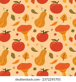 Autumn seamless vector pattern with pumpkins, mushrooms, apples, leaves. Fall seasonal food illustration