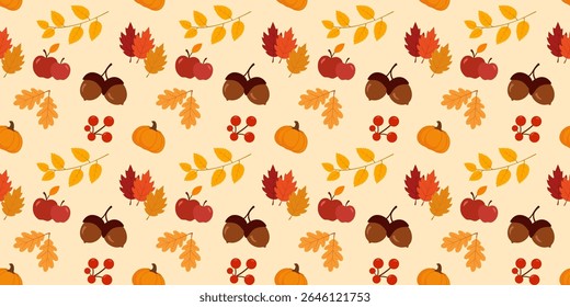 Autumn seamless vector pattern with pumpkins, apples, acorns, berries and fall leaves. Beige background, flat warm colors, minimal seasonal composition