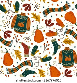 Herbst nahtloses Vektormuster. Jahreszeiten Symbole - Strickpullover, warme Socken, Handschuhe, Schal, Kürbis, Herbstblätter. Flache Cartoon-Elemente auf weißem Hintergrund. Hintergrund für Dekoration, Design