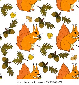 Autumn seamless vector pattern with squirrel. Cartoon doodle illustration.