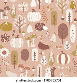 Autumn seamless vector pattern in subtle fall colors. Repeating brown gold white background hedgehog, squirrel corn tree pumpkin pear sunflower acorn. Harvest festival. For fabric, Thanksgiving decor