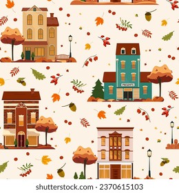 Autumn seamless vector pattern with trees, houses and leaves foliage Fall city landscape Repeated texture can be printed and used as wrapping paper, wallpaper, textile, fabric Cozy seasonal background