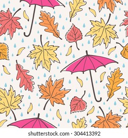 Autumn seamless vector pattern. Various leaves, maple seeds, raindrops and pink umbrella. Hand drawn ink outline. Autumn leaf-fall with rain background.