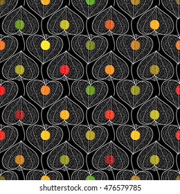 Autumn seamless vector pattern. White flowers Physalis structure with multicolored fruits inside on a black background.