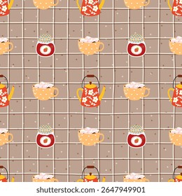 Autumn seamless vector pattern withcocoa, coffee, tea, cinnabons, cookies, and candles in warm autumn tones. Ideal for seasonal textiles, wrapping paper, and cozy design projects