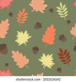 Autumn seamless vector pattern. Yellowed leaves and acorns on a dark green background. 
Minimal design