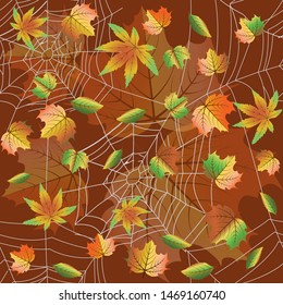 Autumn seamless wallpaper with maple leaves and spider web, vector illustration
