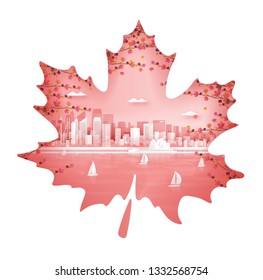 Autumn seaon with maple leave style in season concept for travel postcard, poster, tour advertising of world famous landmarks in paper cut style. Vector illustration.