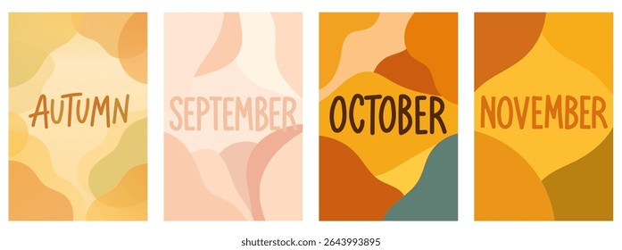 Autumn season abstract month posters with September October November lettering on warm wavy backgrounds
