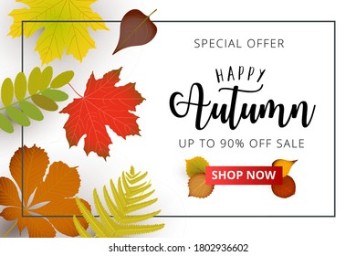 Autumn season advertising banner. Autumn falling red, yellow, orange, brown leaves on bright background. Sale banner template or promo poster.